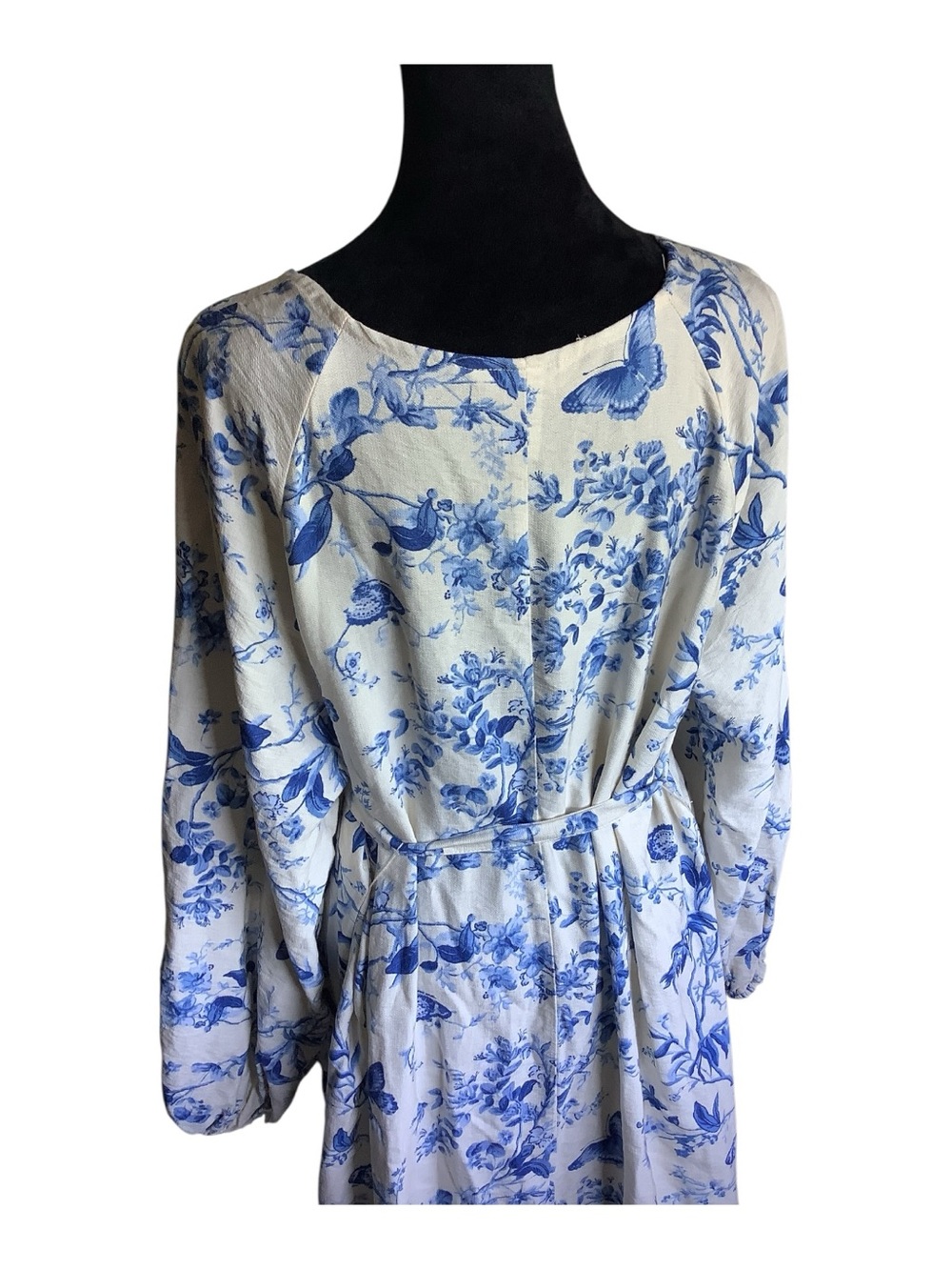 H&M Ivory White Blue Floral Butterfly Maxi Kaftan Dress Size M - Picture 5 of 9